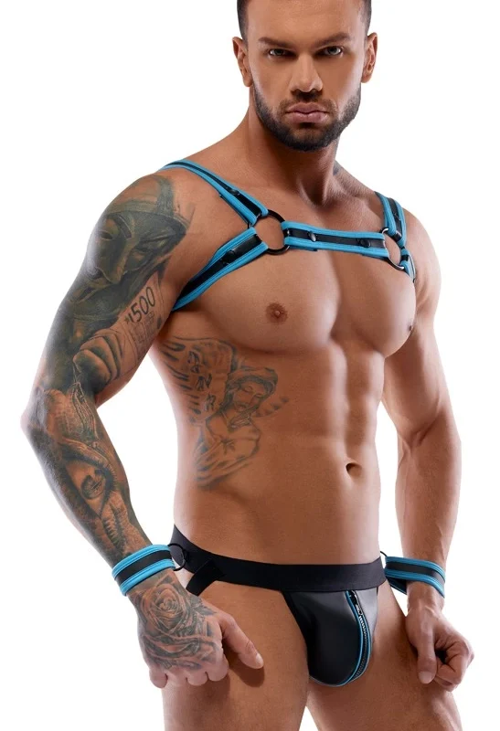 Svenjoyment Bondage Jock Set Black/Blue XL - Neoprene Look, Harness & Cuffs