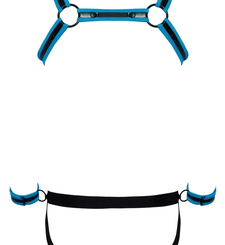 Svenjoyment Bondage Jock Set Black/Blue XL - Neoprene Look, Harness & Cuffs