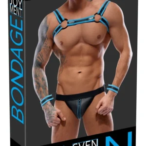 Svenjoyment Bondage Jock Set Black/Blue XL - Neoprene Look, Harness & Cuffs