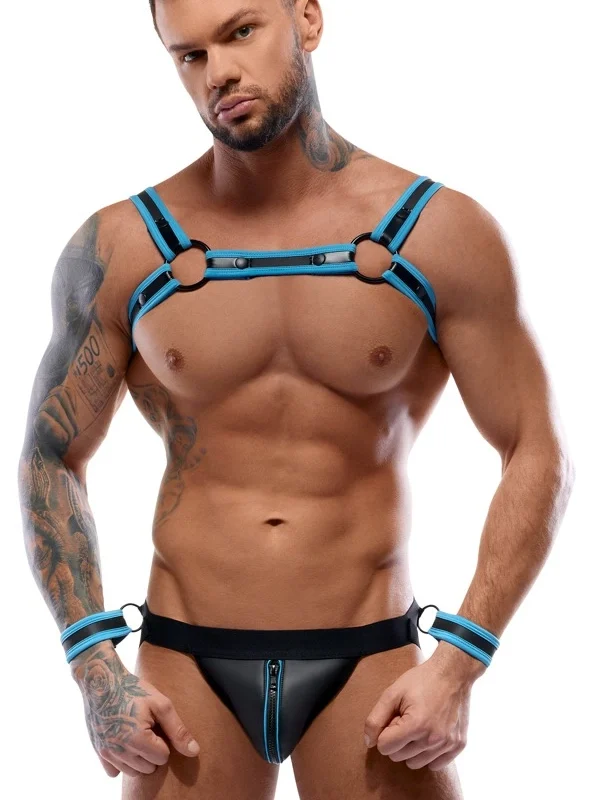 Svenjoyment Bondage Jock Set Black/Blue XL - Neoprene Look, Harness & Cuffs