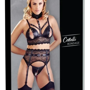Cottelli Collection Bra & Suspender Set L Floral Lace Matte Black