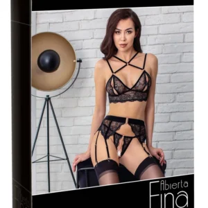 Abierta Fina Black Lace Lingerie Set L - Velvet Straps & Rose-Gold Accents