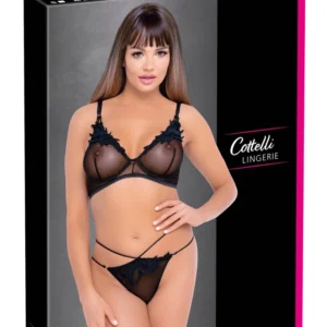 Cottelli LINGERIE Bra & Rio Thong Set XL Embroidered, Black-Gold Accents