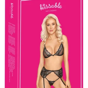 Kissable Lingerie Set L/XL - Lace Bra, Suspender Belt & String, Black