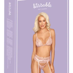 Kissable L/XL Rose Lace Bra & Suspender Belt Set - Adjustable Comfort