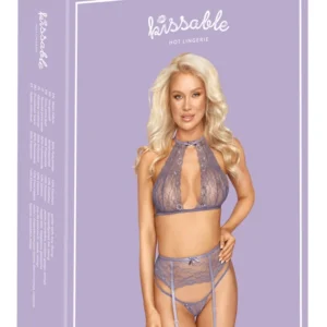 Kissable Lavender Lace Lingerie Set S/M - Bra, Suspender Belt & String