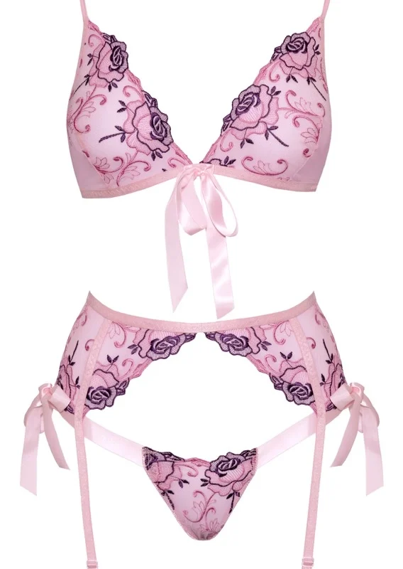 kissable Embroidered Floral Lingerie Set L/XL - Light Pink, 3-Piece