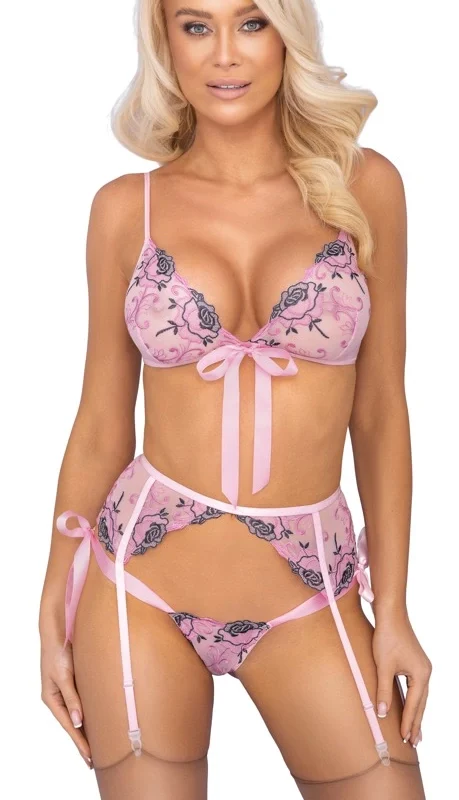 kissable Embroidered Floral Lingerie Set L/XL - Light Pink, 3-Piece