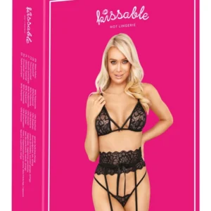 Kissable Suspender Lingerie Set Lace Black L/XL Adjustable Fit