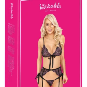 Kissable Lingerie Set L/XL - Floral Embroidered Bra & Garter Belt Black