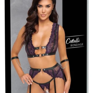 Cottelli Bondage Set L - Purple Lace Bra, Garter Belt & Wrist Cuffs