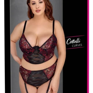 Cottelli Curves Longline Bra & Suspender Set Black/Red 90C XL