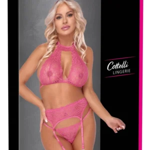 Cottelli Lingerie Pink Lace Set L/XL - Three-Piece Adjustable Ensemble