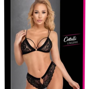 Cottelli Lingerie Lace Bra and Panty Set XL Black - Velvet Straps