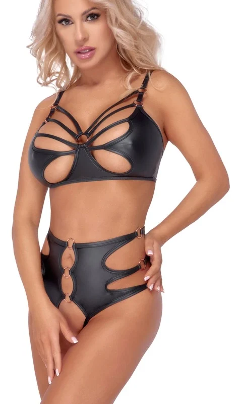 Cottelli LINGERIE Bra & Panty Set L - Black, Straps & Rose-Gold Rings