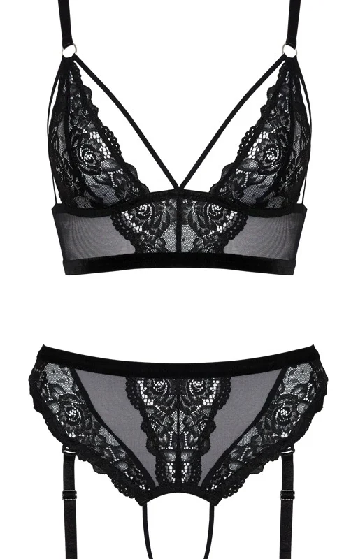 Cottelli LINGERIE Lace & Powernet Bra and Suspender Thong Set Black XL