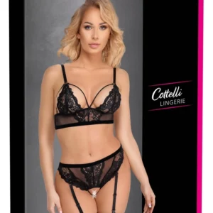 Cottelli LINGERIE Lace & Powernet Bra and Suspender Thong Set Black XL
