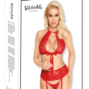 Kissable Lingerie Set Red & Gold Lace L/XL - Bra, Garter Belt & Thong