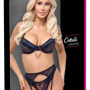 Cottelli Lingerie Bra and Suspender Set Black Lace 75B/S with Chain Accent