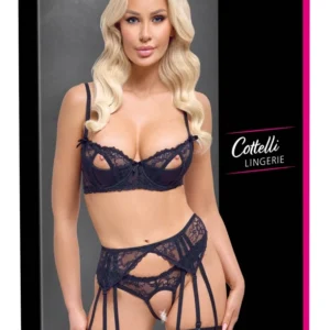 Cottelli Lingerie Bra & Suspender Set Black 85C/L Adjustable Lace
