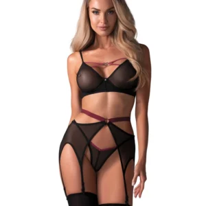 Obsessive Novenes Set M/L - 3-Piece Powernet Lingerie with Pink Accents