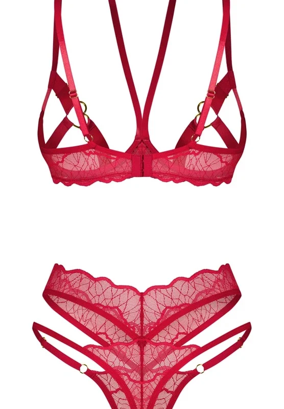 Obsessive Cupide Desir Lace Bra & Thong Set Red L/XL Adjustable