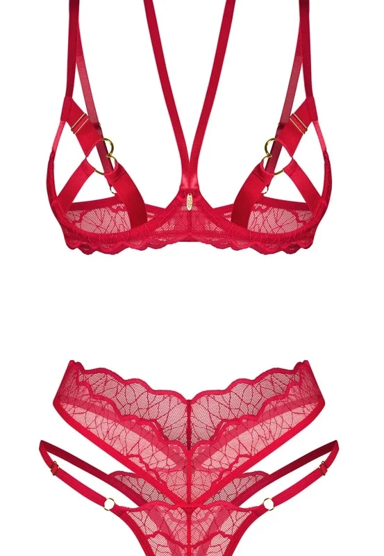 Obsessive Cupide Desir Lace Bra & Thong Set Red L/XL Adjustable