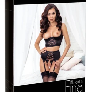 Abierta Fina Shelf Bra Set 85B/L Black Satin Rose-Gold Accents