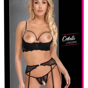 Cottelli Lingerie 3-Piece Shelf Bra Set Black Lace 80B/M Adjustable