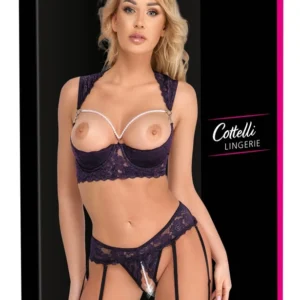 Cottelli Lingerie Set Purple 80B/M - Lace Shelf Bra & Suspender Thong