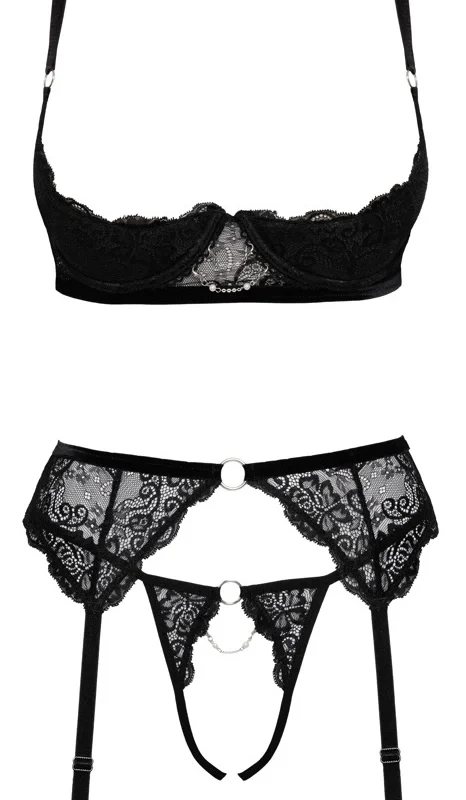 Cottelli Lingerie Shelf Bra Set Black Lace with Removable Chains 80B