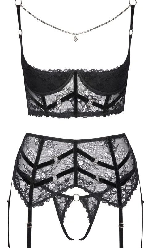 Cottelli Lingerie Set 3-Piece Lace & Chain, Black, 85B/L