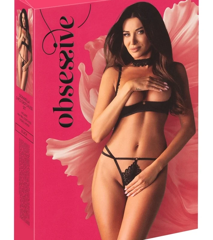 Obsessive Donarella 3-Piece Lingerie Set M/L - Black, Embroidered Details