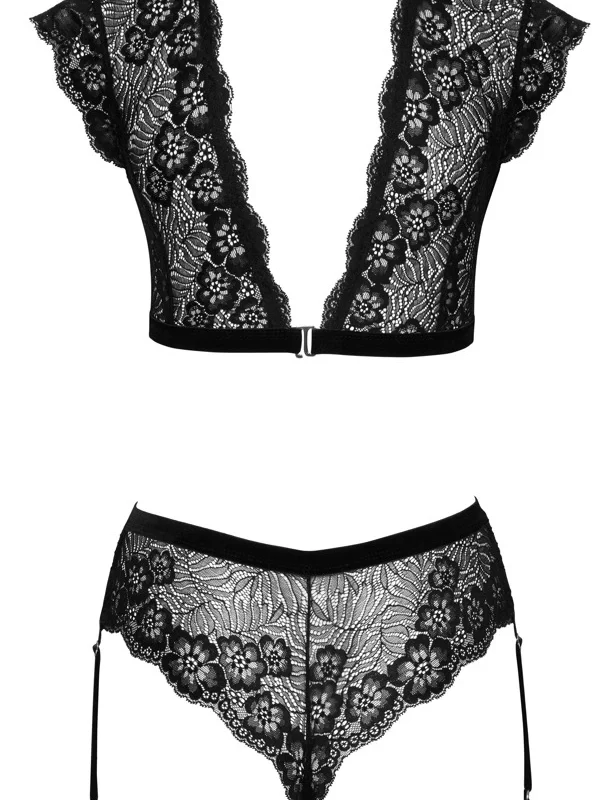 Cottelli Lingerie Black Lace Set Top & Crotchless Briefs M Adjustable