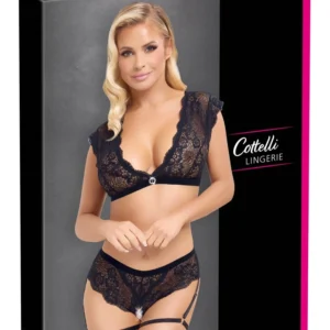 Cottelli Lingerie Black Lace Set Top & Crotchless Briefs M Adjustable