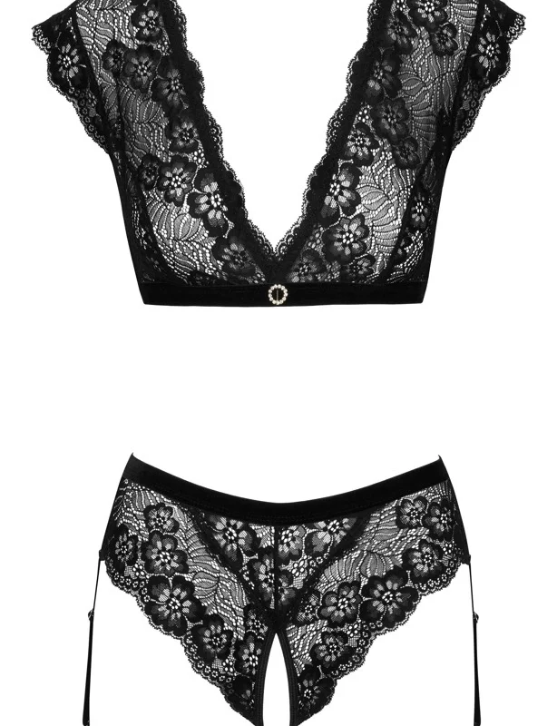 Cottelli Lingerie Black Lace Set Top & Crotchless Briefs M Adjustable
