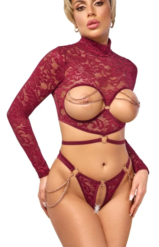 Abierta Fina Open Cup Lace Top & Crotchless Thong Red S