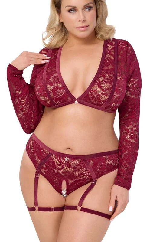 Cottelli CURVES Red Lace Velvet Top & Suspender Briefs Set XL