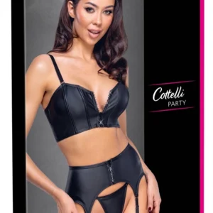 Cottelli PARTY Matte Black Lingerie Set with Rhinestone Zips, Size L