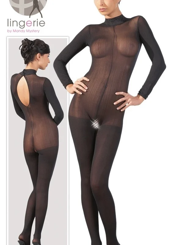Cottelli Collection Power Net Catsuit with Lace Collar M/L Black