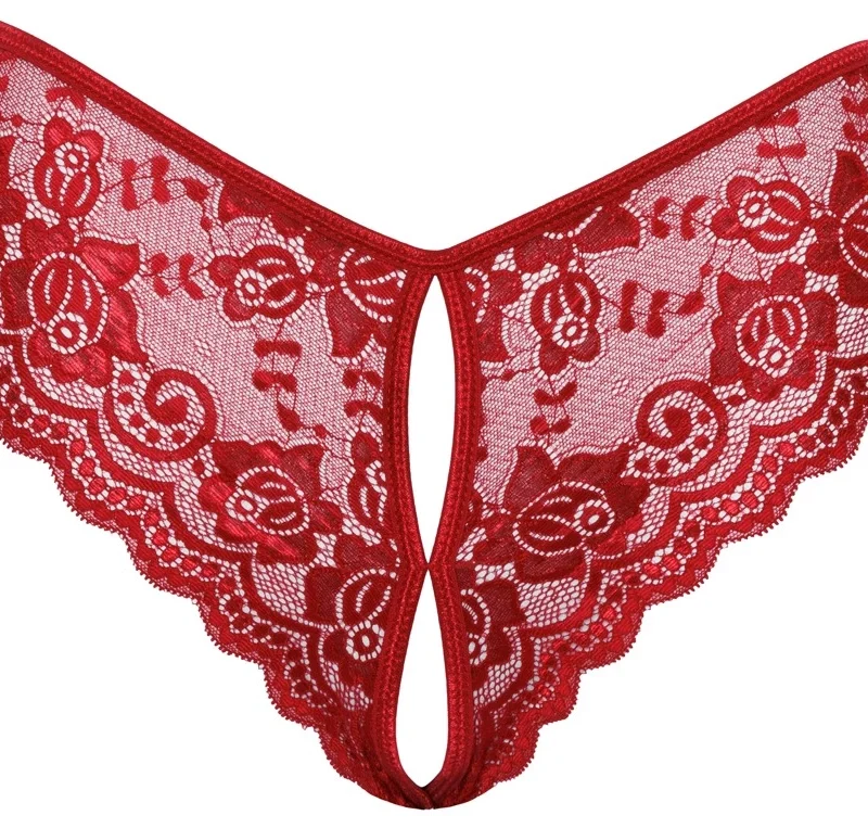 Cottelli LINGERIE Red Lace Crotchless Panty L with Satin Ribbon