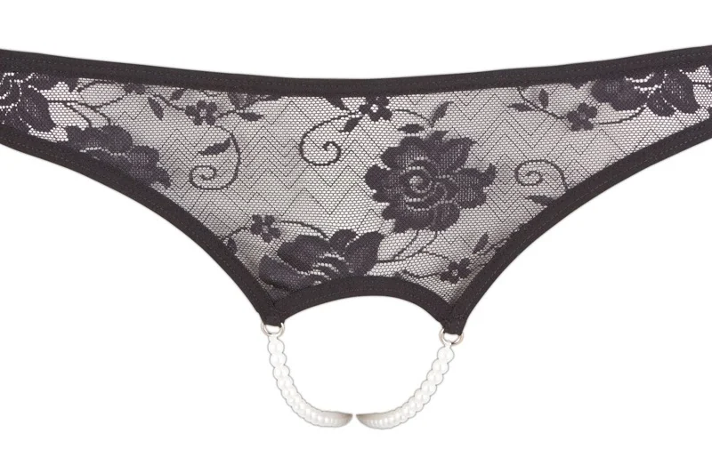 Cottelli Collection Lace String Black L with Decorative Pearl Chains