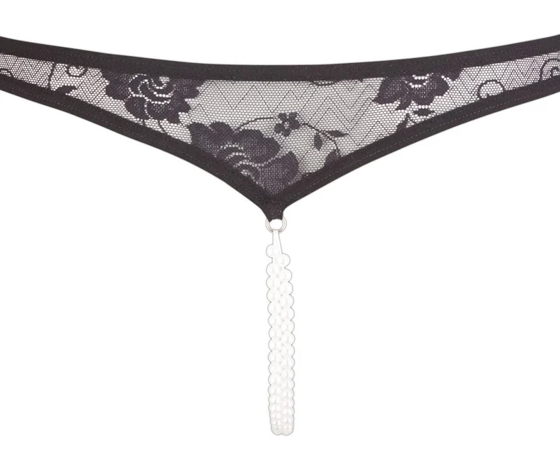 Cottelli Collection Lace String Black L with Decorative Pearl Chains