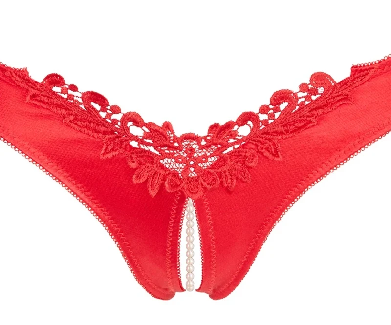 Cottelli Collection Briefs Pearls Red S - Satin Embroidered Open Design