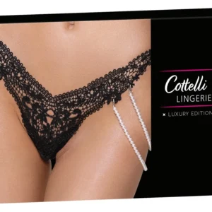 Cottelli Lingerie String S/M with Removable Pearl Chains, Black Lace