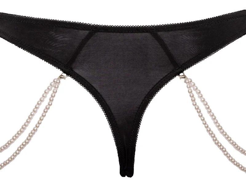 Cottelli LINGERIE String M/L with Removable Pearl Chains, Black Lace