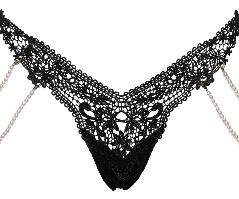 Cottelli LINGERIE String M/L with Removable Pearl Chains, Black Lace