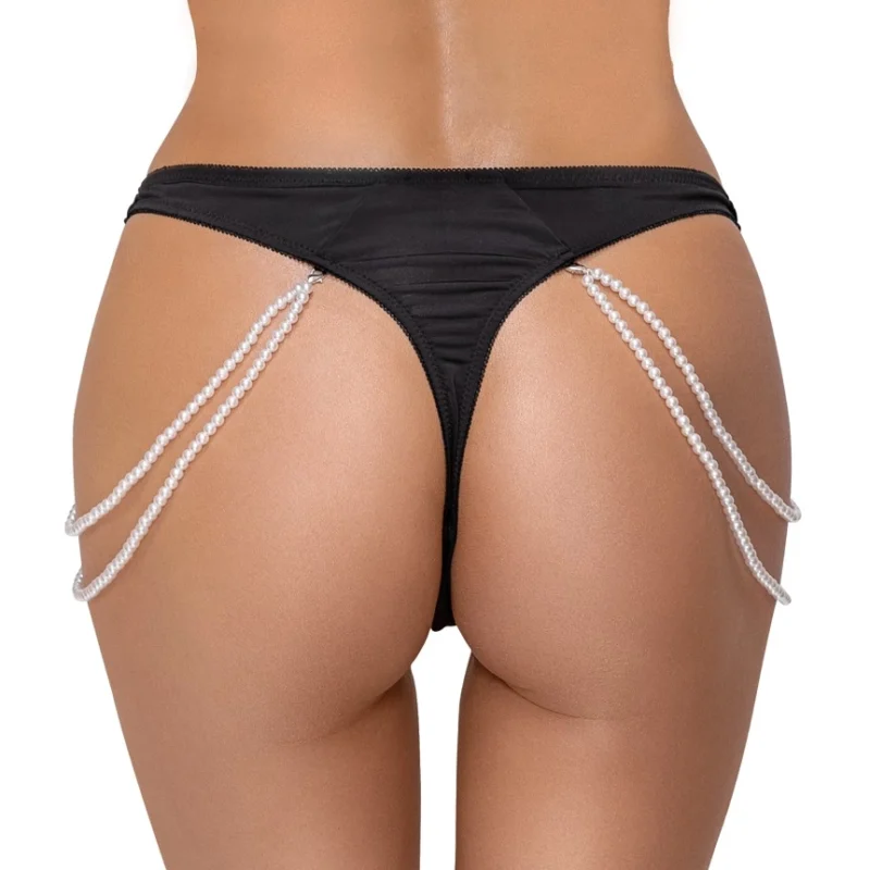 Cottelli LINGERIE String M/L with Removable Pearl Chains, Black Lace