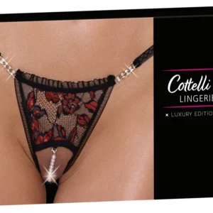 Cottelli Lingerie Lace String M/L with Removable Pearl Chain, Black/Pink