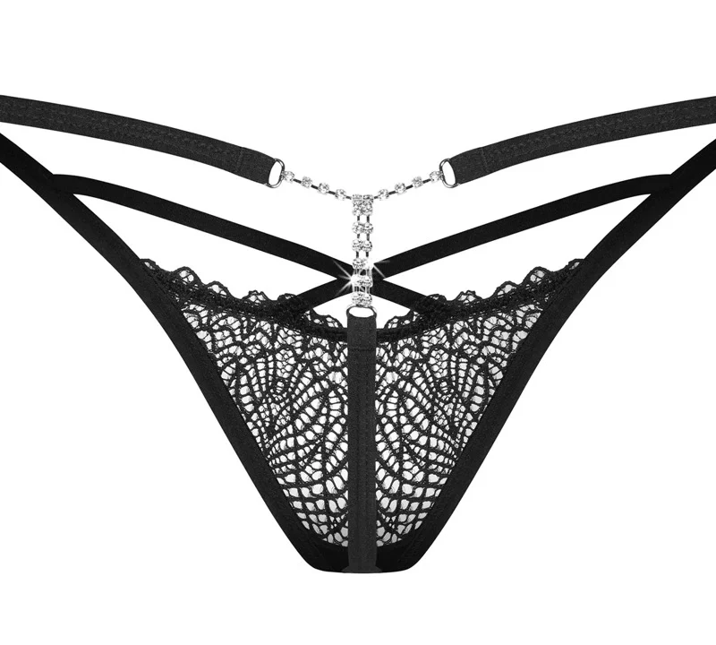 Obsessive Iliosa Lace String L/XL with Decorative Chains, Black